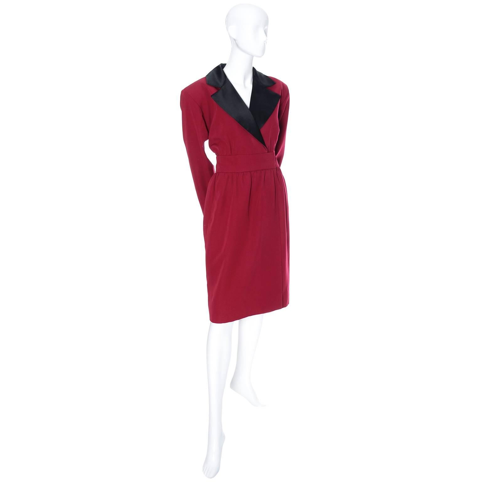 This beautiful vintage YSL dress in in a beautiful shade of red wool with a pretty black satin lapel.  This dress is in excellent condition - the only thing found is that the previous owner added a small amount of velcro underneath to keep it closed