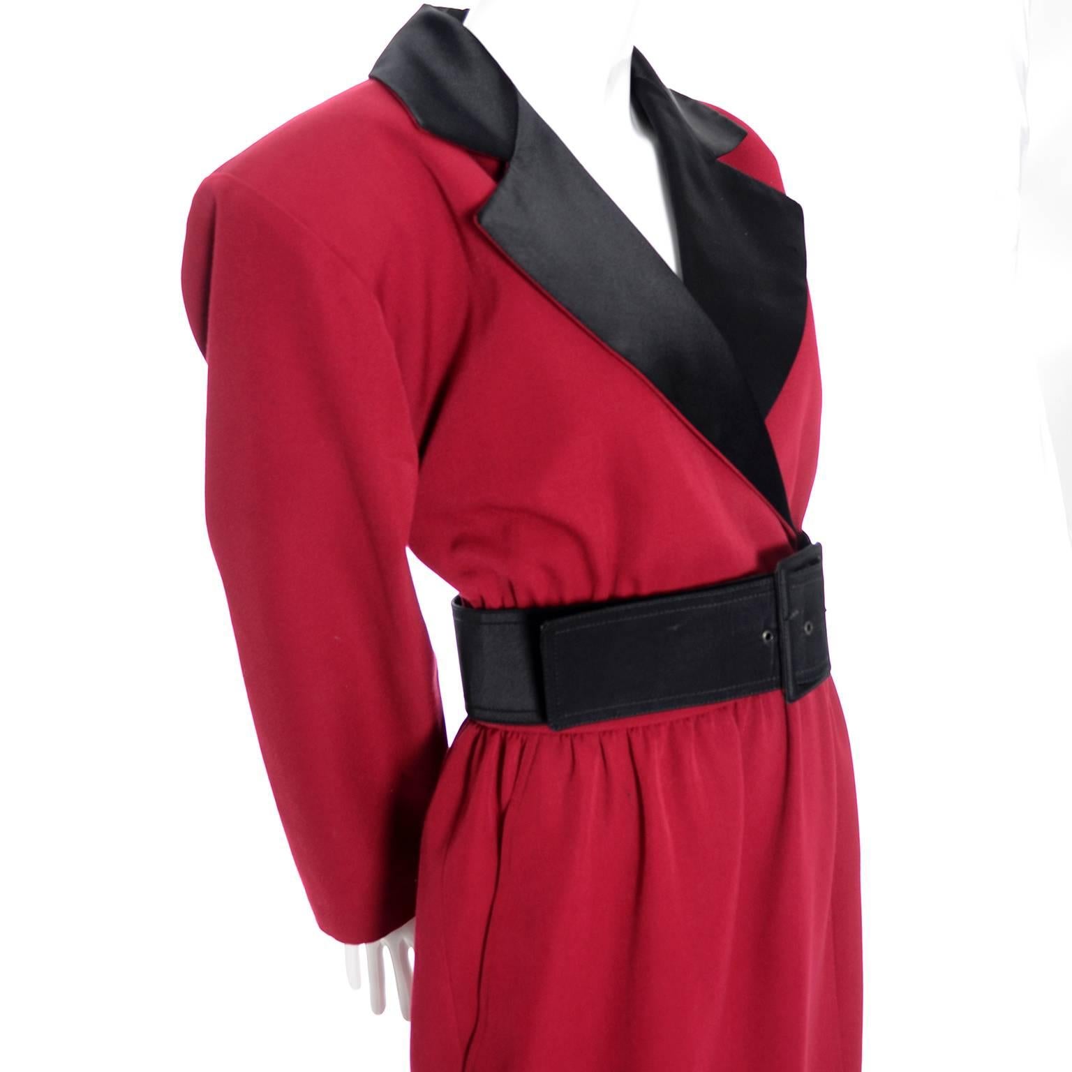 Women's 1980s YSL Red Wool Vintage Dress With Black Satin Trim 