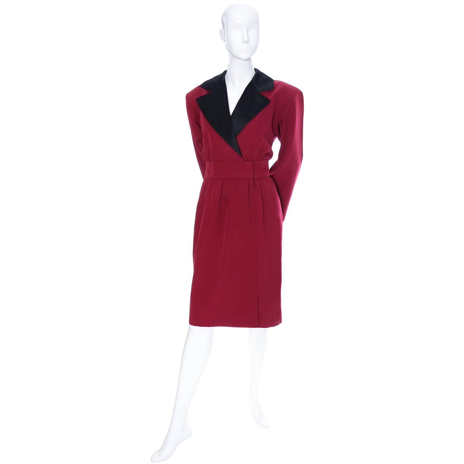 1980s YSL Red Wool Vintage Dress With Black Satin Trim  In Excellent Condition In Portland, OR