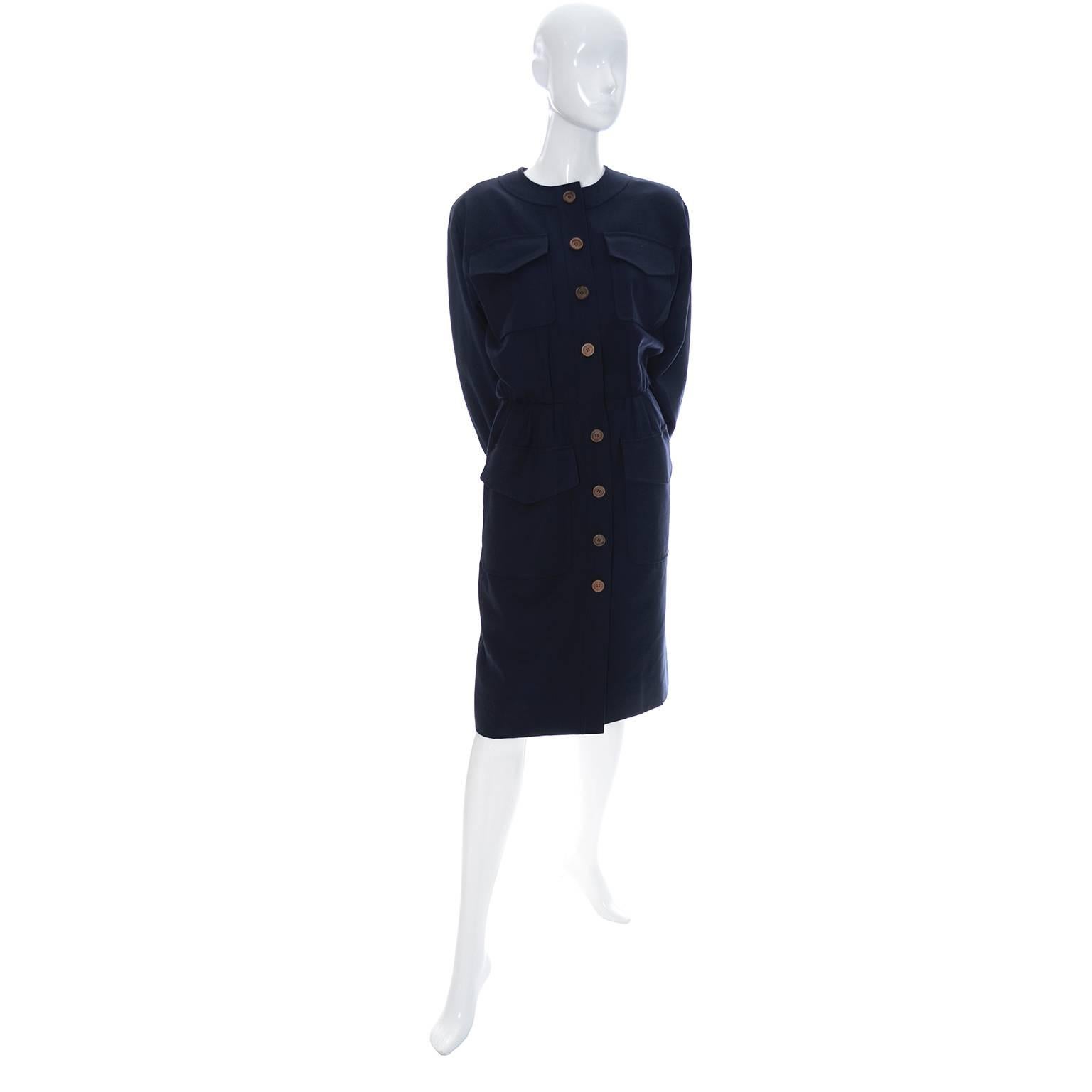 Vintage YSL Dress 1980s Navy Blue Wool Yves Saint Laurent Rive Gauche In Excellent Condition In Portland, OR