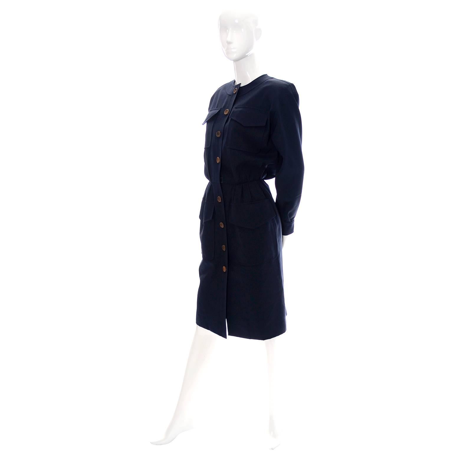 Women's Vintage YSL Dress 1980s Navy Blue Wool Yves Saint Laurent Rive Gauche