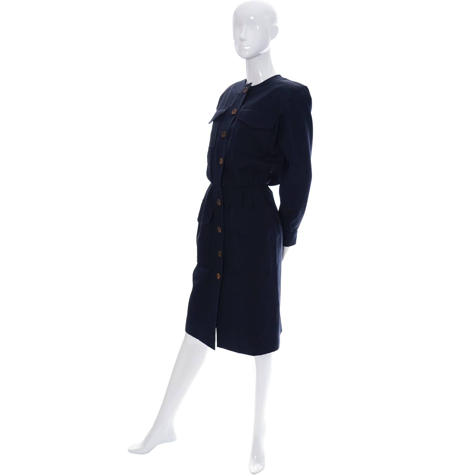 Vintage YSL Dress 1980s Navy Blue Wool Yves Saint Laurent Rive Gauche 1