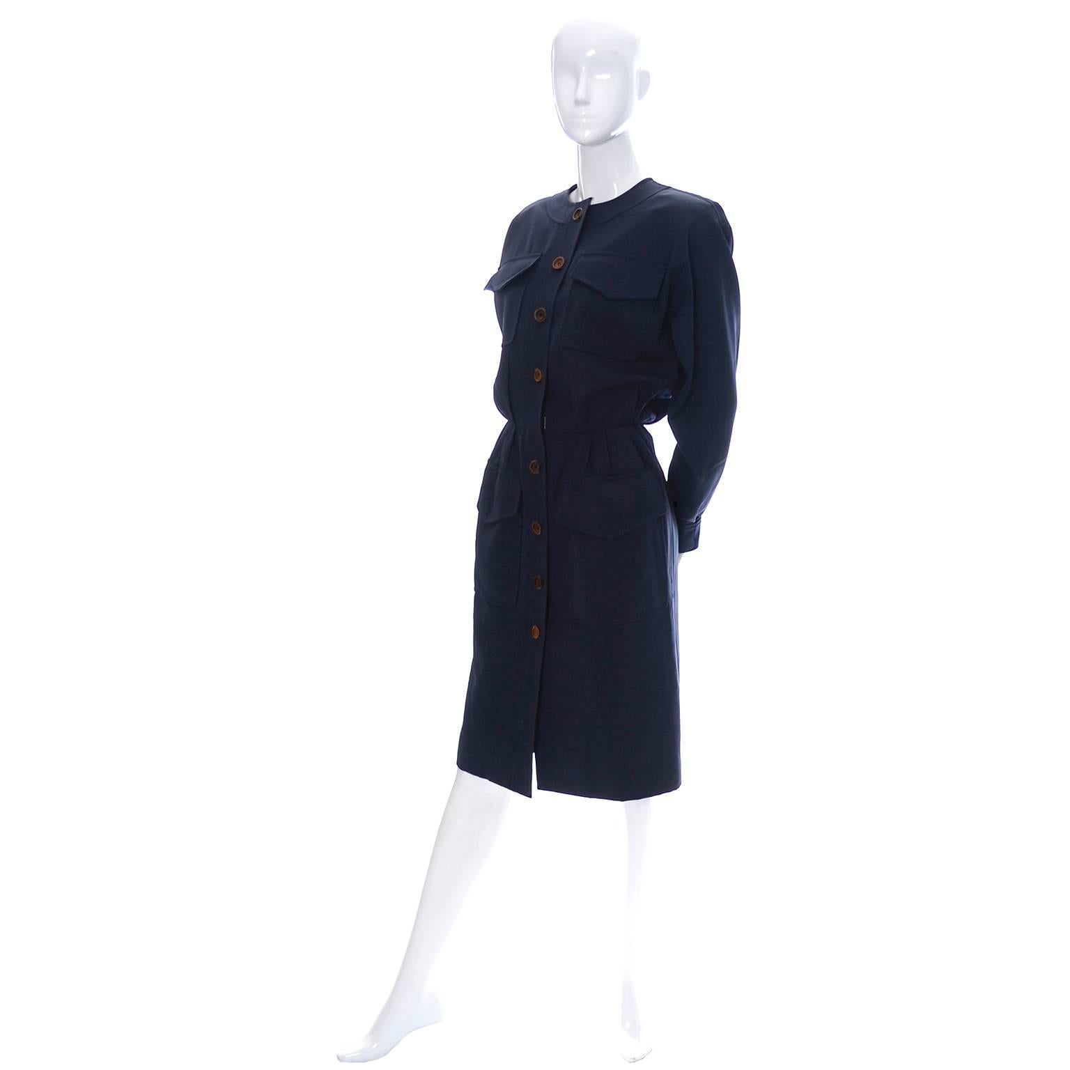 Black Vintage YSL Dress 1980s Navy Blue Wool Yves Saint Laurent Rive Gauche