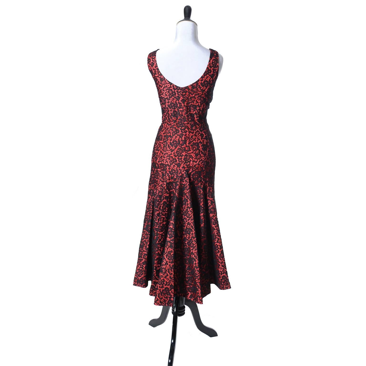 Brown 1950s Vintage Emma Domb Dress Red Black Lace Fish Tail Hem Dramatic
