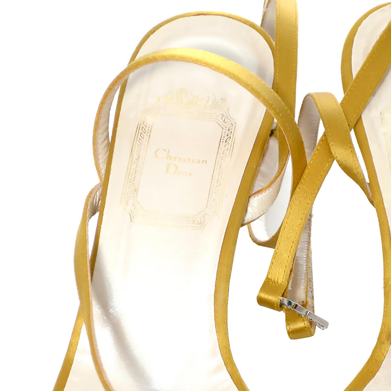 Gold Vintage Christian Dior Shoes Ankle Strap Sandals Rhinestones CD Logo  Clasp