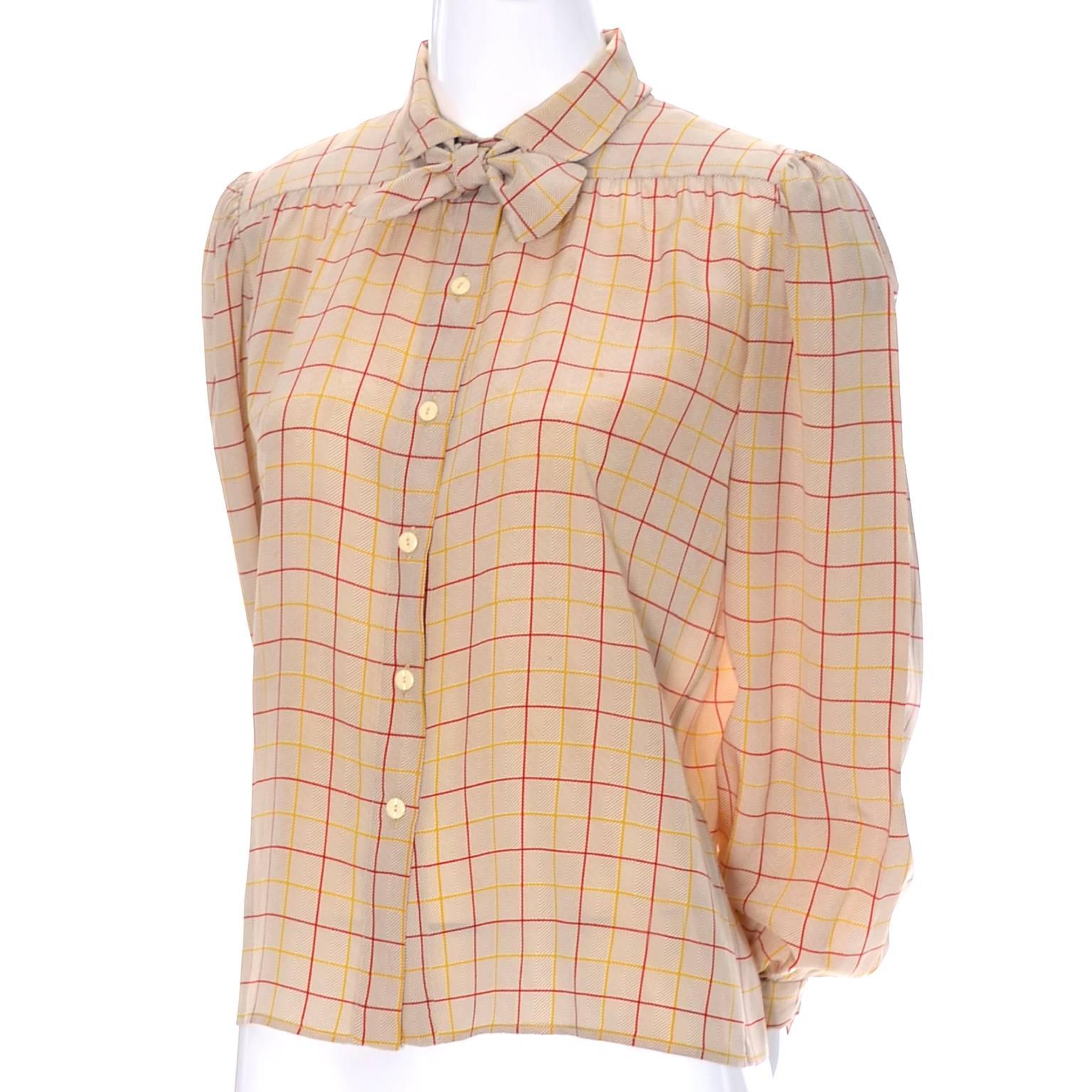 Beige Valentino Vintage Blouse Silk Plaid Italy Bow Top