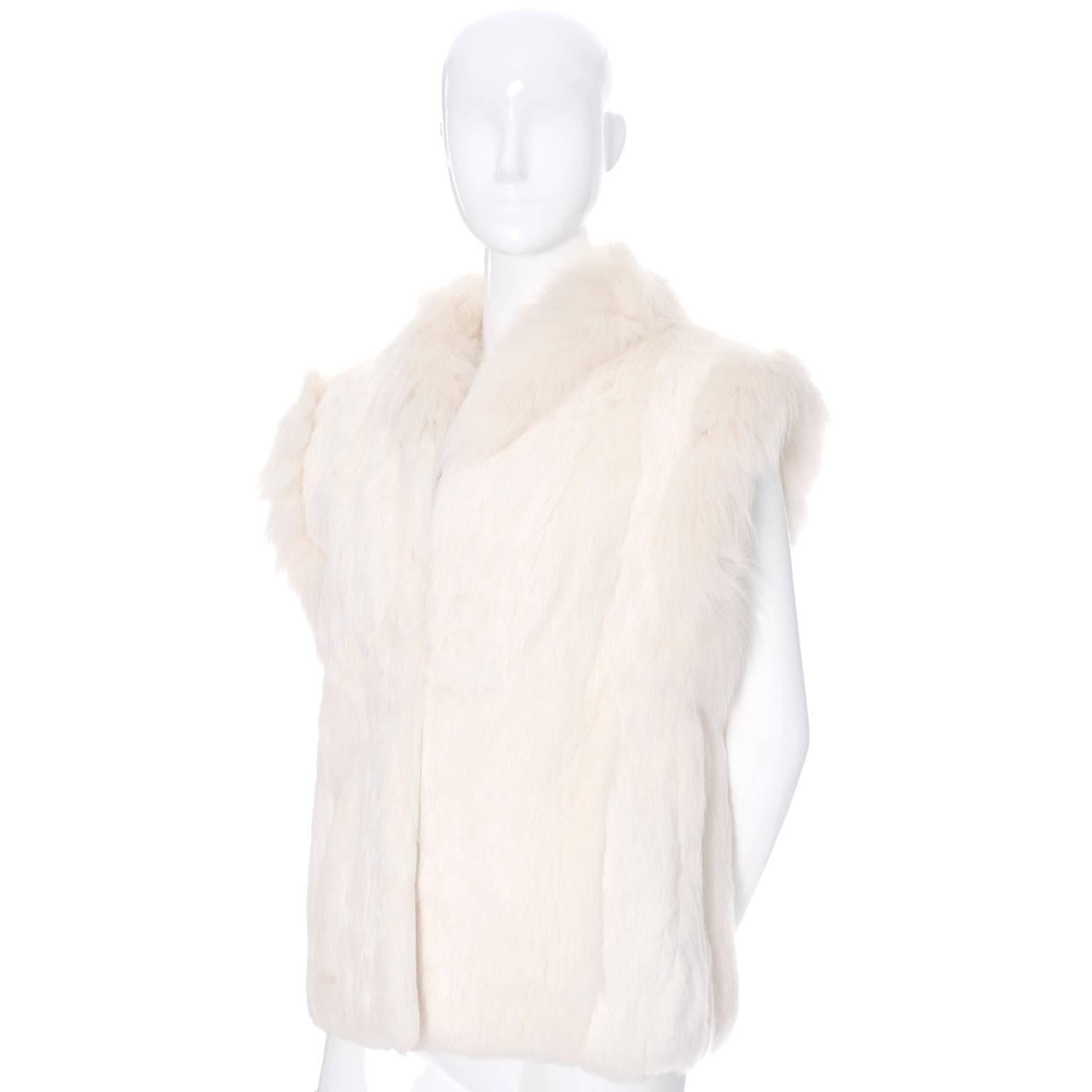 Beige 1980s Vintage Ivory Winter White Rabbit Fur Vest With Satin Lining