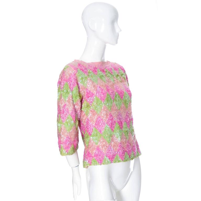 1960s Valentina Vintage Pastel Pink And Green Lined Wool Sweater Beige 1960s Valentina Vintage Pastel Pink Green Lined Wool Sweater With Sequins For