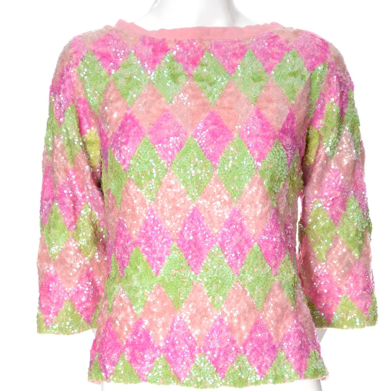 Beige 1960s Valentina Vintage Pastel Pink & Green Lined Wool Sweater With Sequins