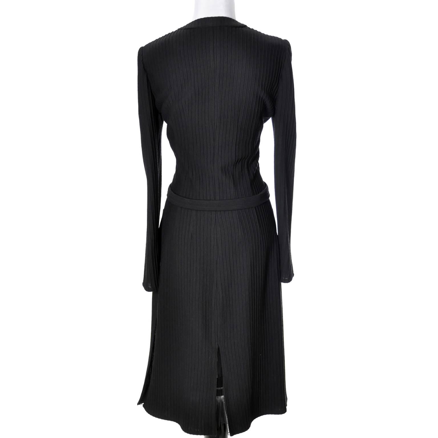 Vintage Valentino Black Ribbed Knit Dress Late 1970s With Chiffon Kick Pleats In Excellent Condition In Portland, OR