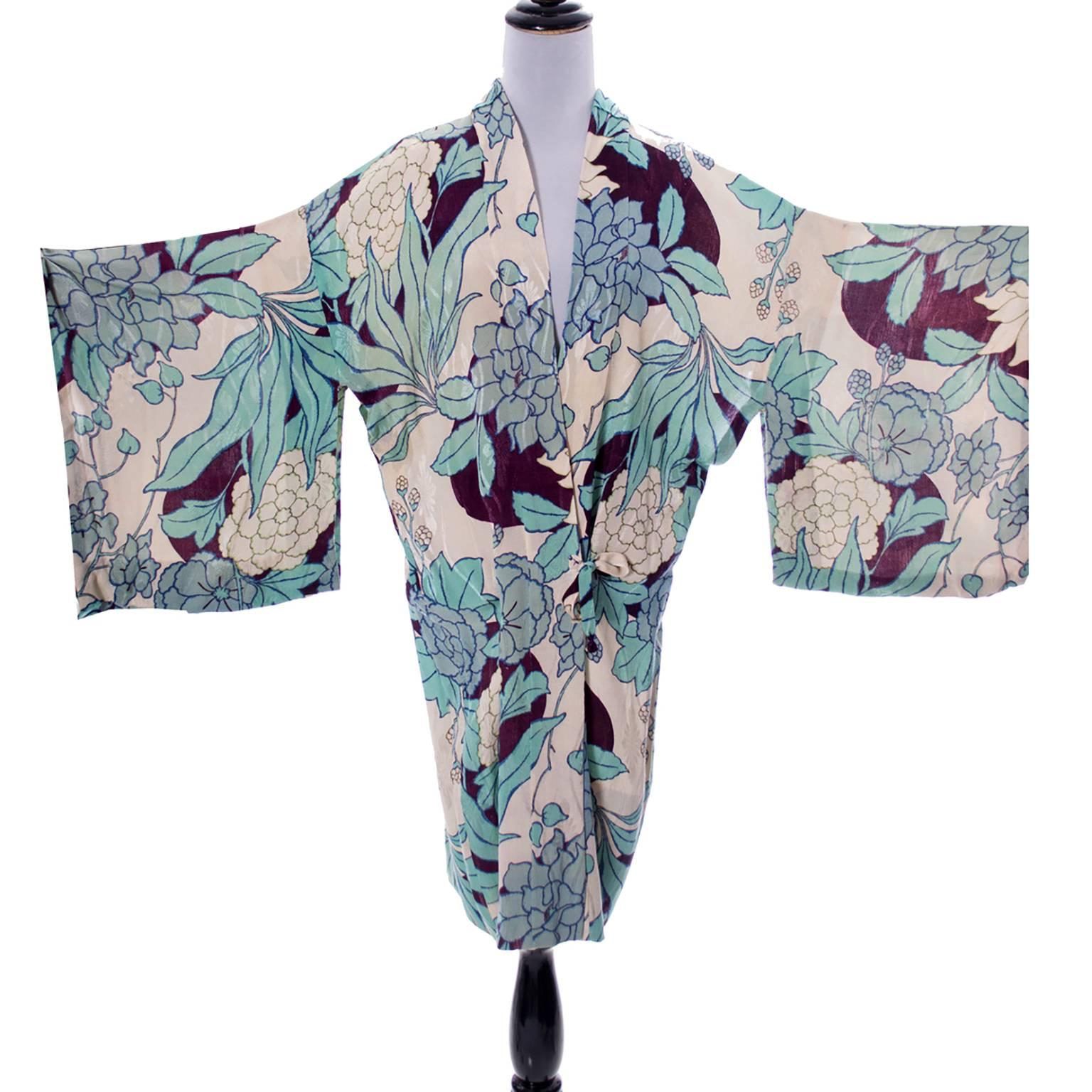 Gray Silk Vintage Kimono Robe Hostess Gown Floral 1920s 1930s Flowers