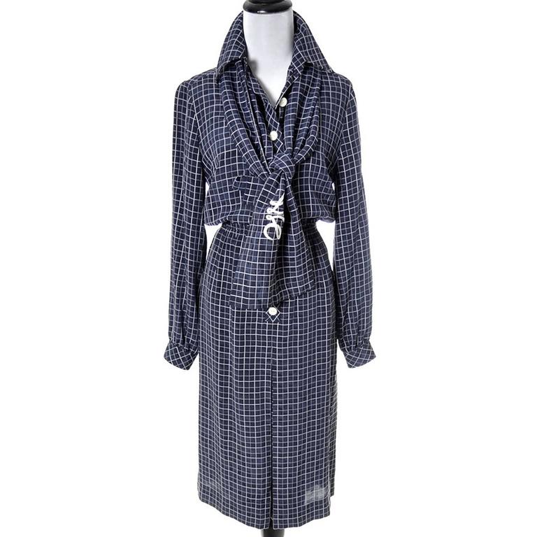 Loewe Spain Vintage Dress and Scarf 1970s Navy Blue and White at ...
