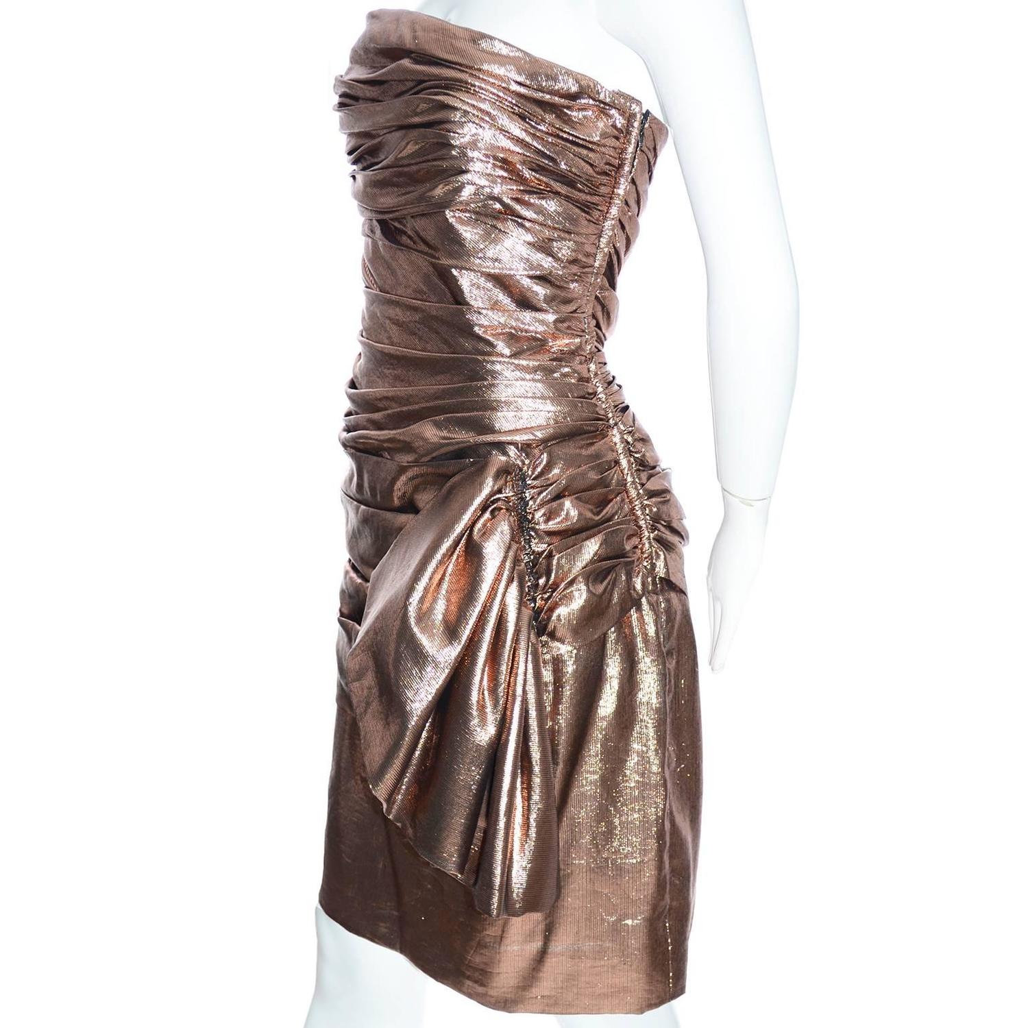 Vicky Tiel Vintage Dress Bronze Silk Lurex Metallic Strapless Shimmer France For Sale at 1stdibs