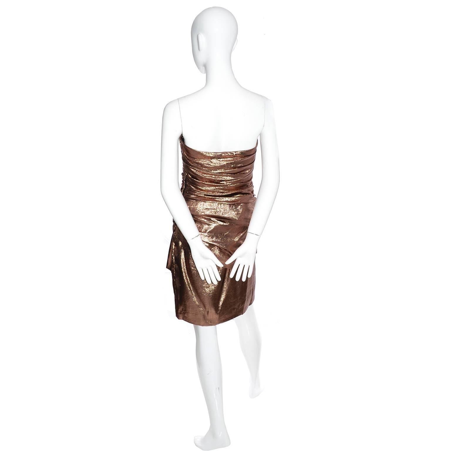 Brown 1980s Vicky Tiel Vintage Silk Lurex Metallic Bronze Strapless Dress Size 6