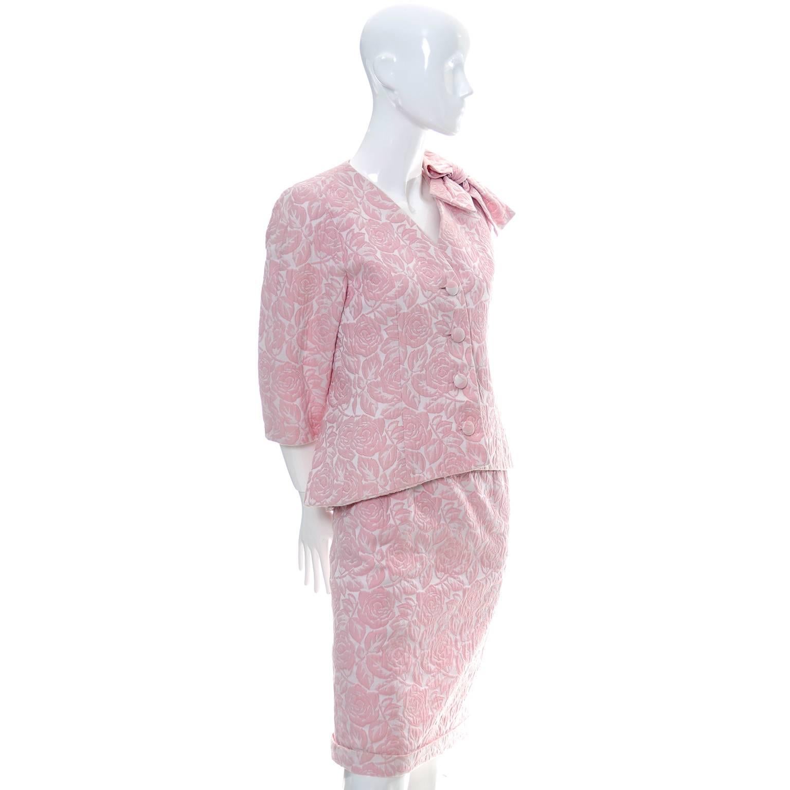 Guy Laroche Paris Vintage Spring Summer Pink Floral Suit Skirt and Bow Blazer In Excellent Condition In Portland, OR