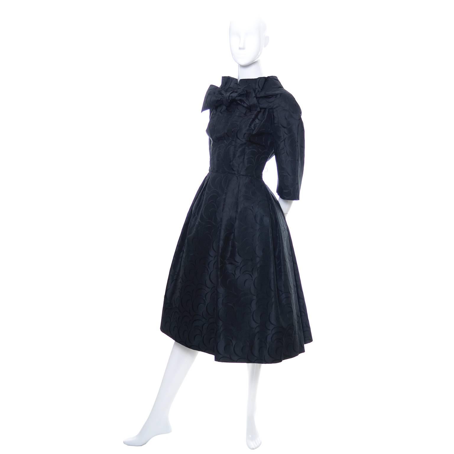Werle Beverly Hills 1950's Vintage Dress Saks Fifth Avenue Black Patterned Satin In Excellent Condition In Portland, OR