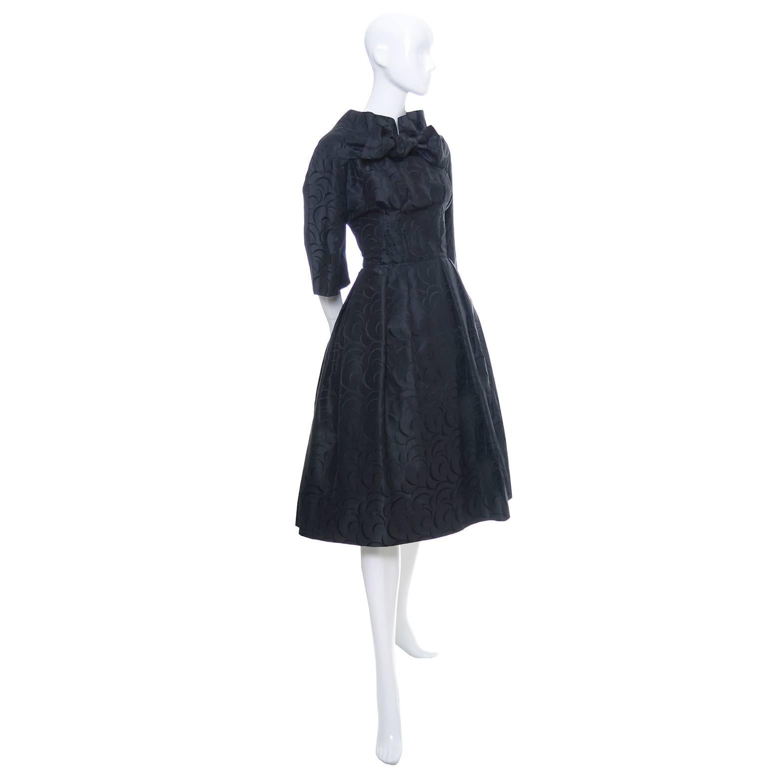 Werle Beverly Hills 1950's Vintage Dress Saks Fifth Avenue Black Patterned Satin 1