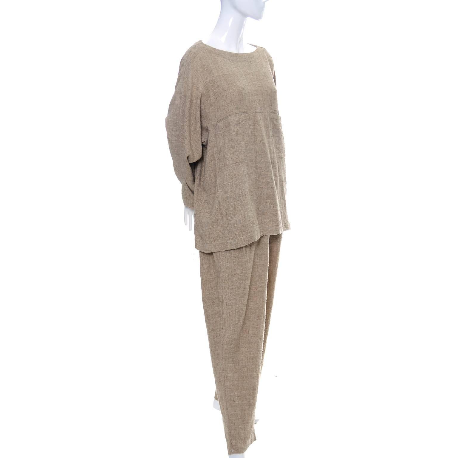 Brown Vintage Issey Miyake Textured Cotton Tunic High Waist Pants Outfit 1980s Medium