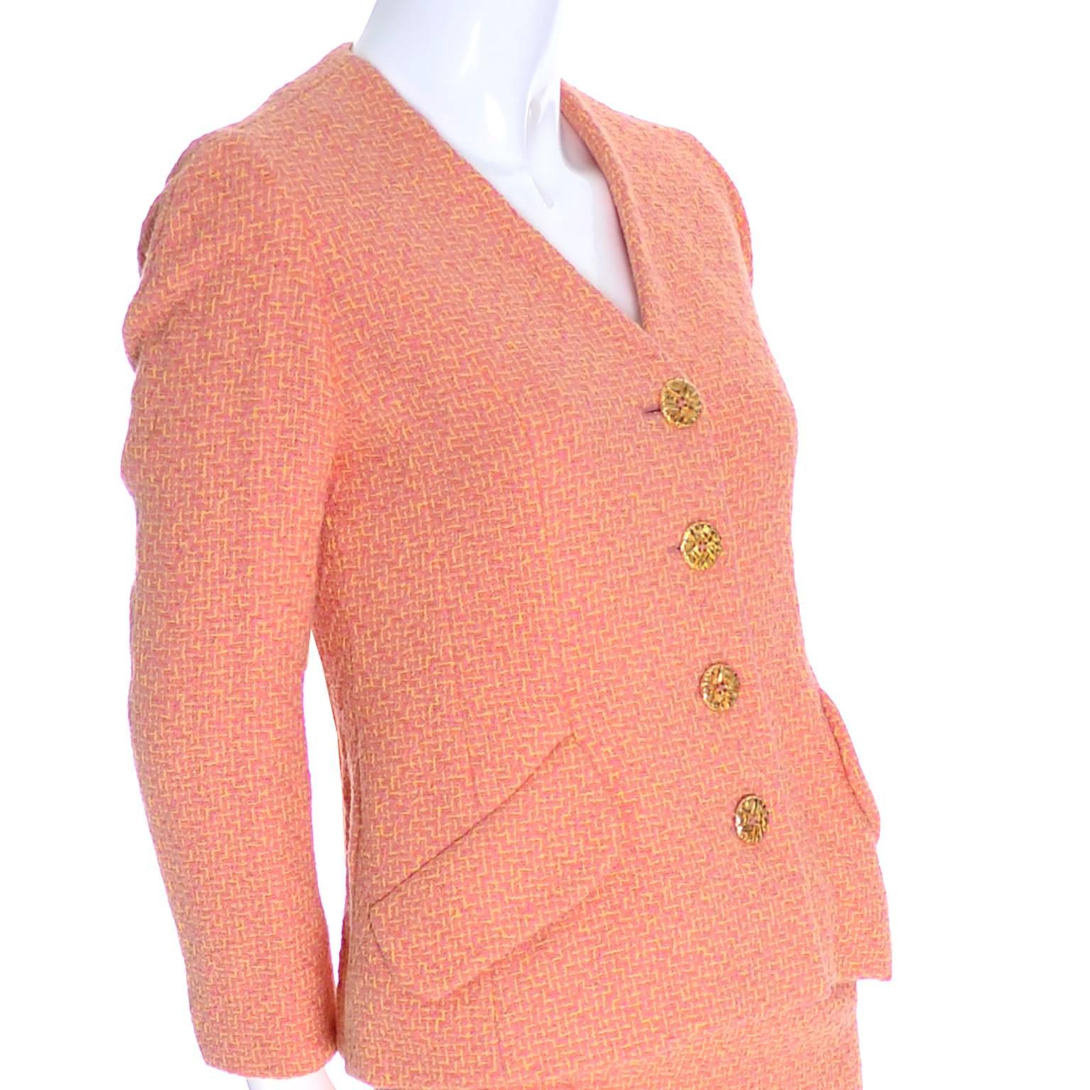 Guy Laroche Vintage Suit Skirt Blazer Orange Yellow Pink  1
