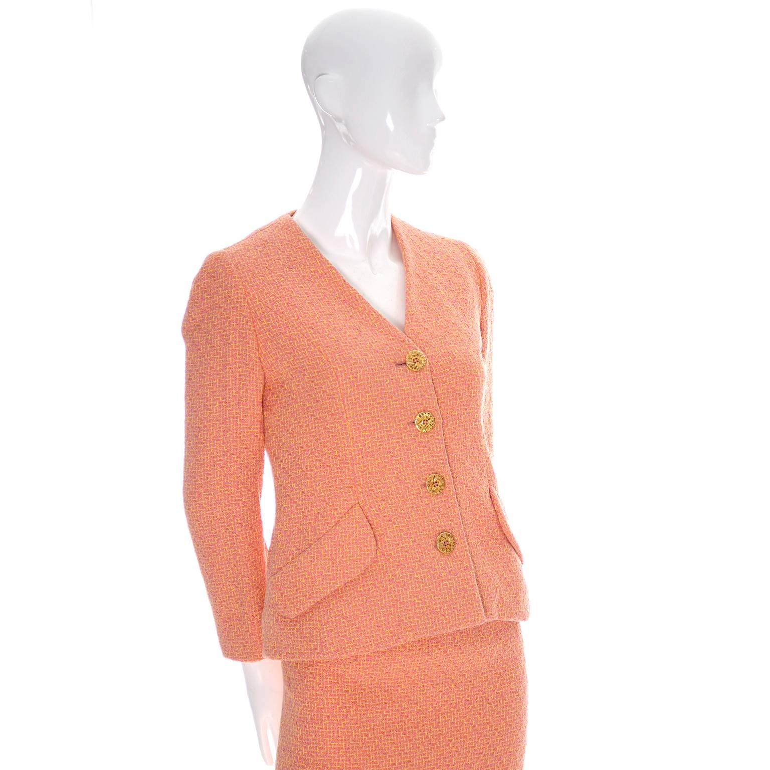 Guy Laroche Vintage Suit Skirt Blazer Orange Yellow Pink  2