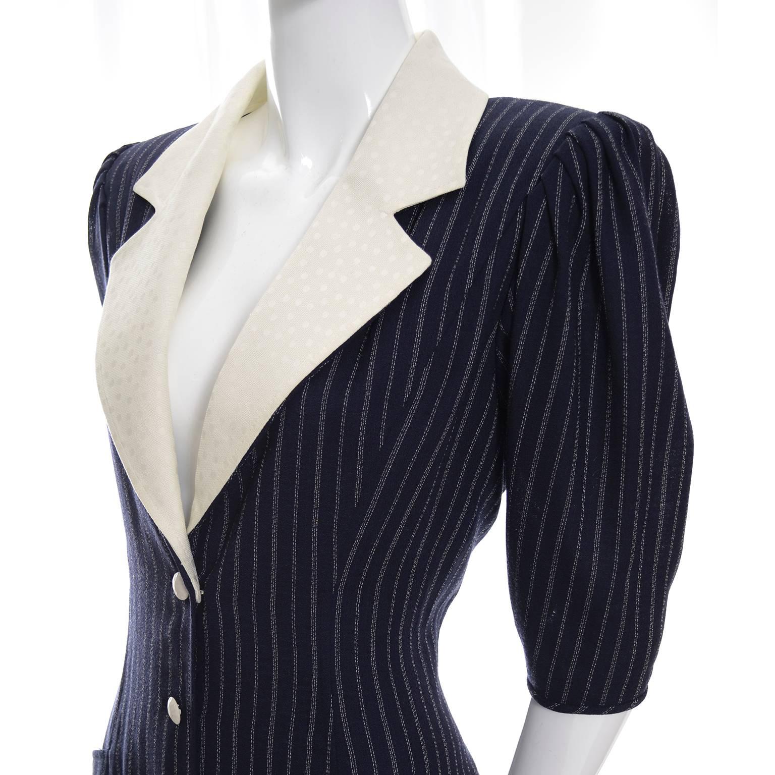 Emanuel Ungaro Parallele Vintage Dress in Navy Blue & White Wool Crepe  1