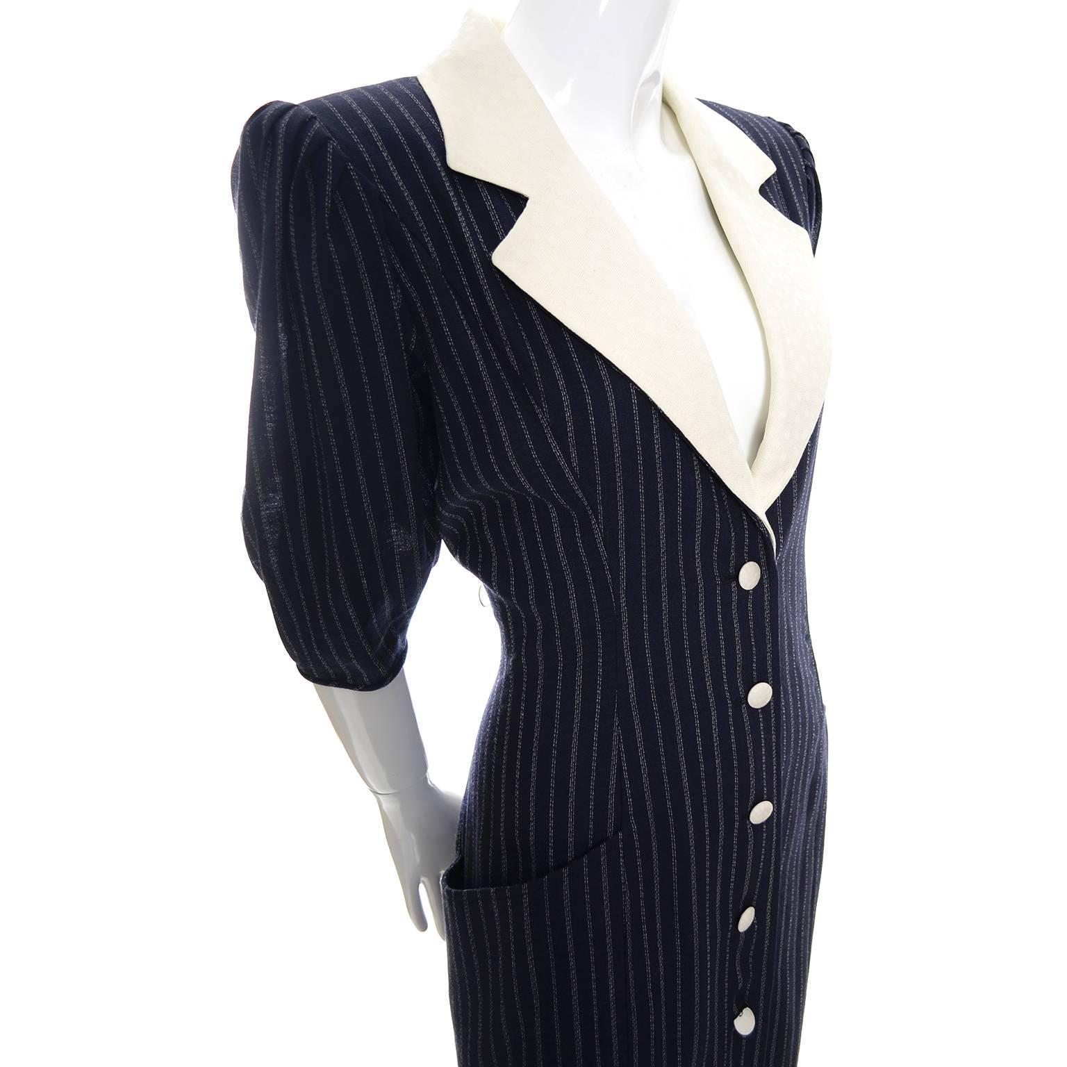 Women's Emanuel Ungaro Parallele Vintage Dress in Navy Blue & White Wool Crepe 