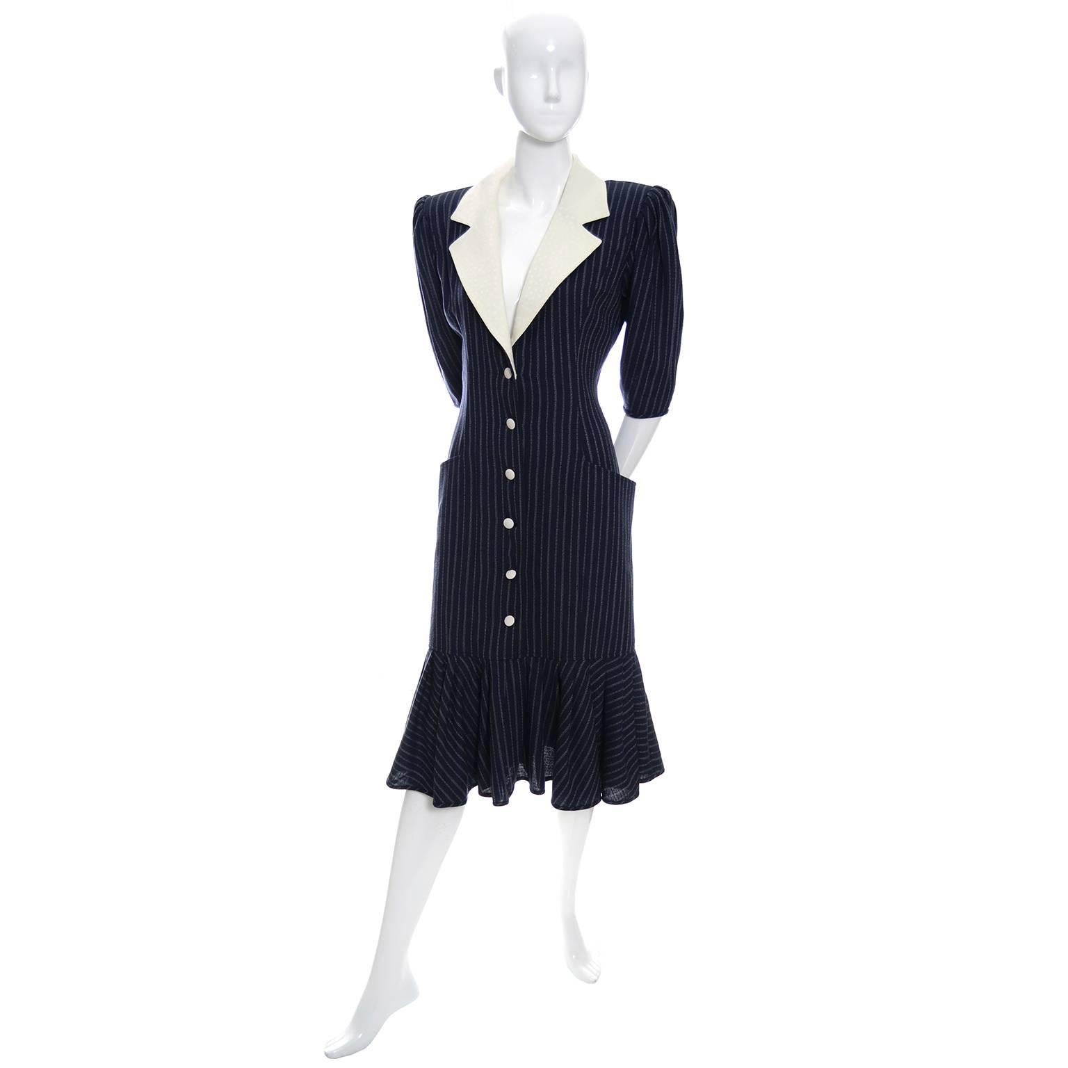 Emanuel Ungaro Parallele Vintage Dress in Navy Blue & White Wool Crepe  In Excellent Condition In Portland, OR