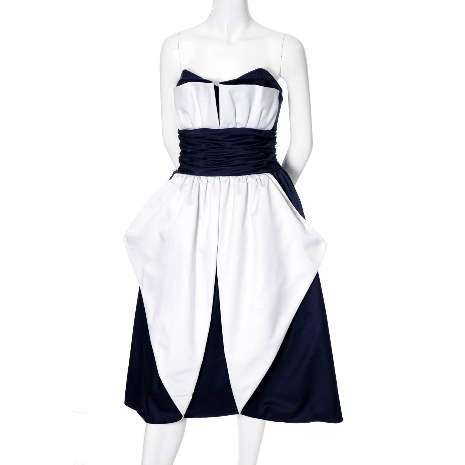 1980s Victor Costa Neiman Marcus Vintage Dress Strapless Blue and White In Excellent Condition In Portland, OR