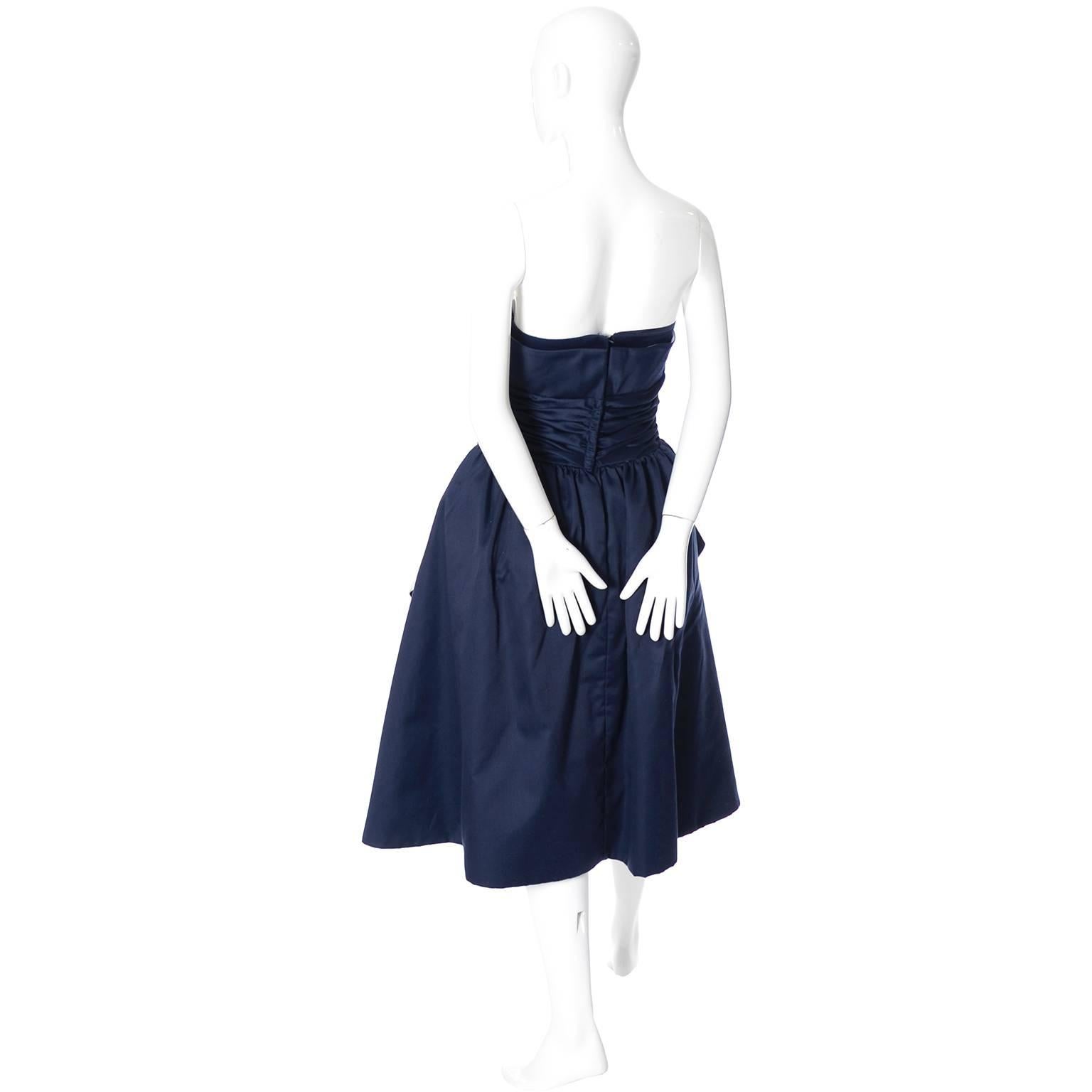 Gray 1980s Victor Costa Neiman Marcus Vintage Dress Strapless Blue and White