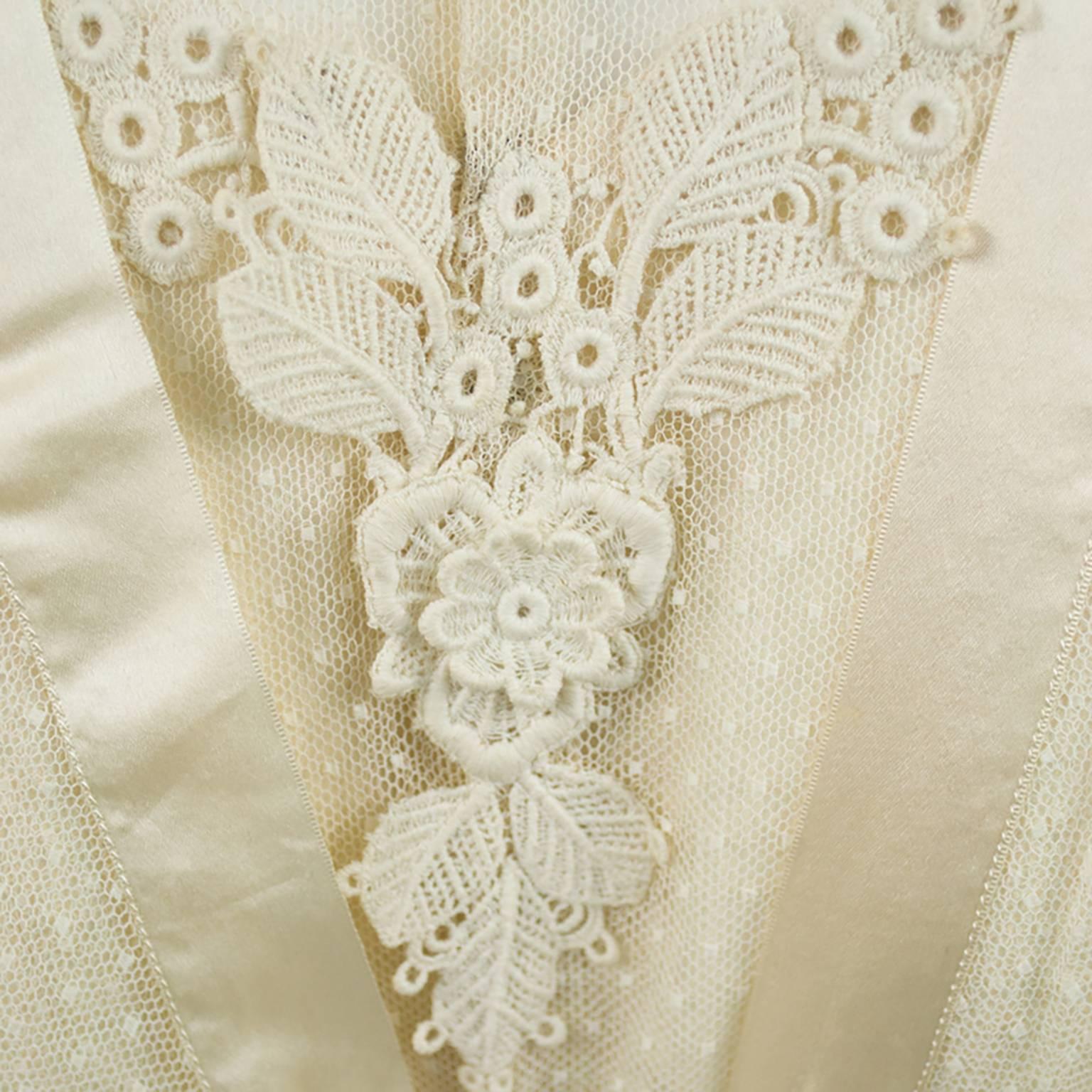 Edwardian Fine Lace Vintage Wedding Gown Veil Silk Roses Appliques 2