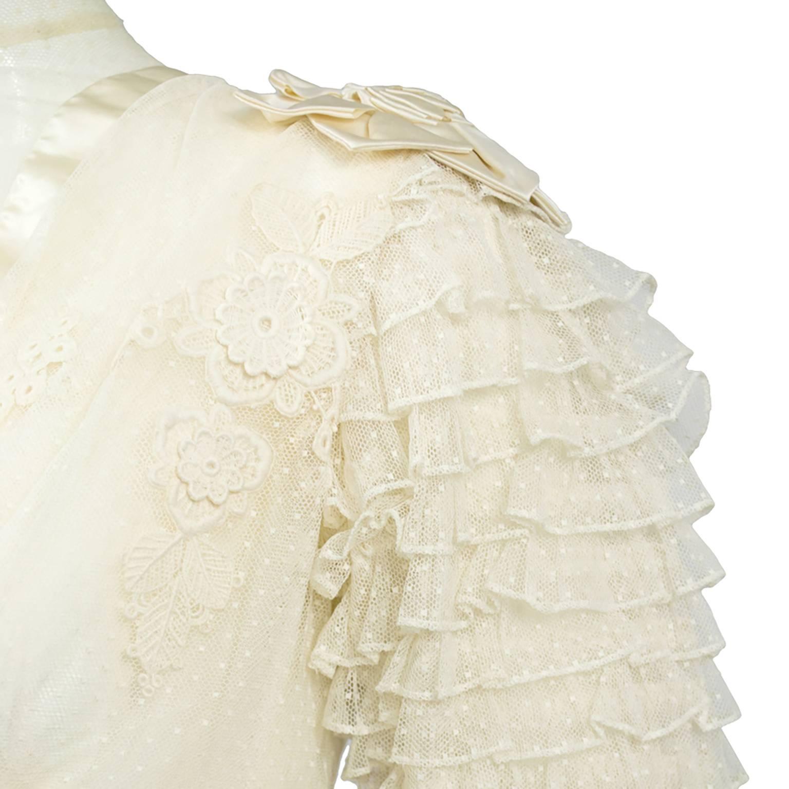 Edwardian Fine Lace Vintage Wedding Gown Veil Silk Roses Appliques 1