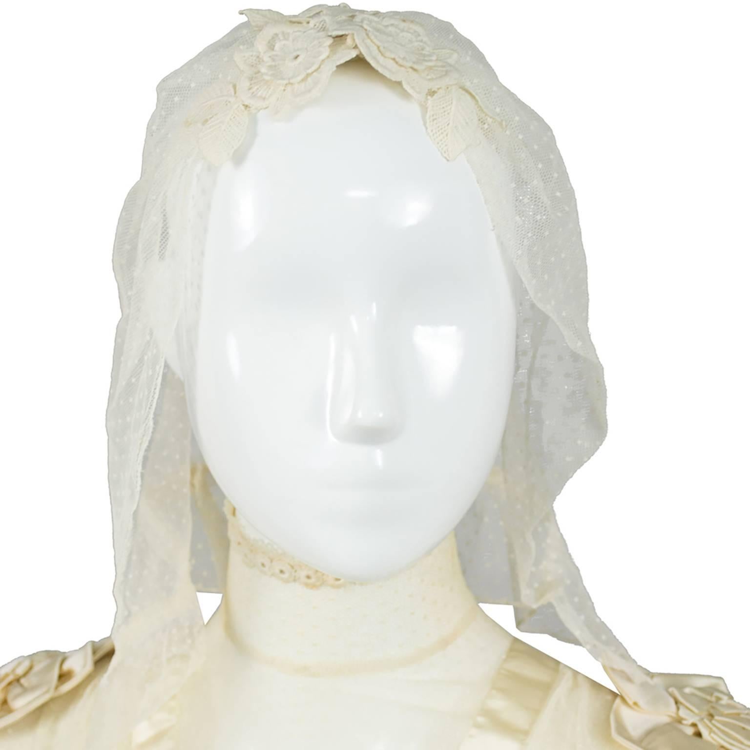 Edwardian Fine Lace Vintage Wedding Gown Veil Silk Roses Appliques 4