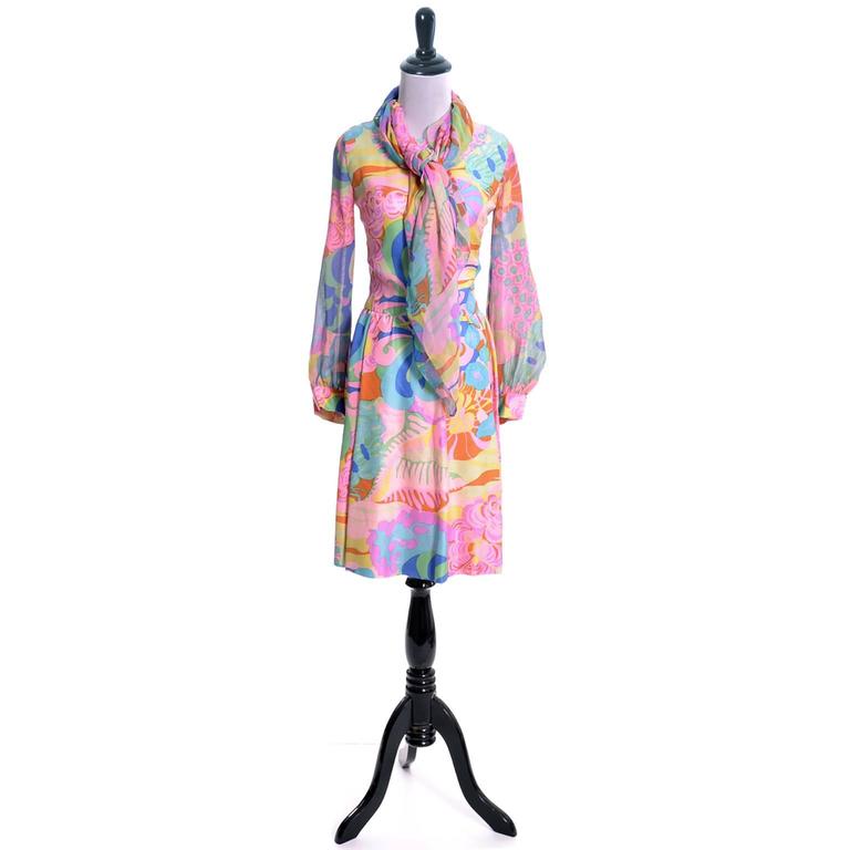 Spectacular 1960s Tina Leser Original  Printed Silk Voile Extra Long Angel Sleeve Dress