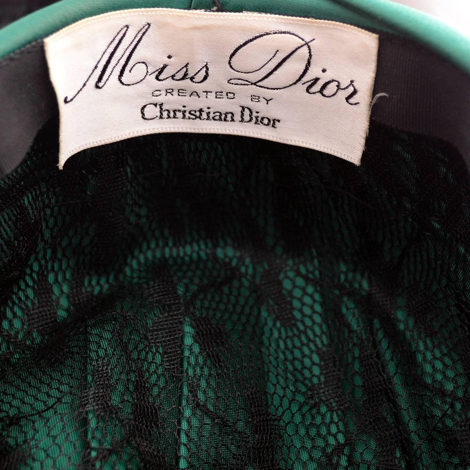 Blue Vintage Christian Dior Hat Miss Dior Green Satin Turban style Chapeau 1960s