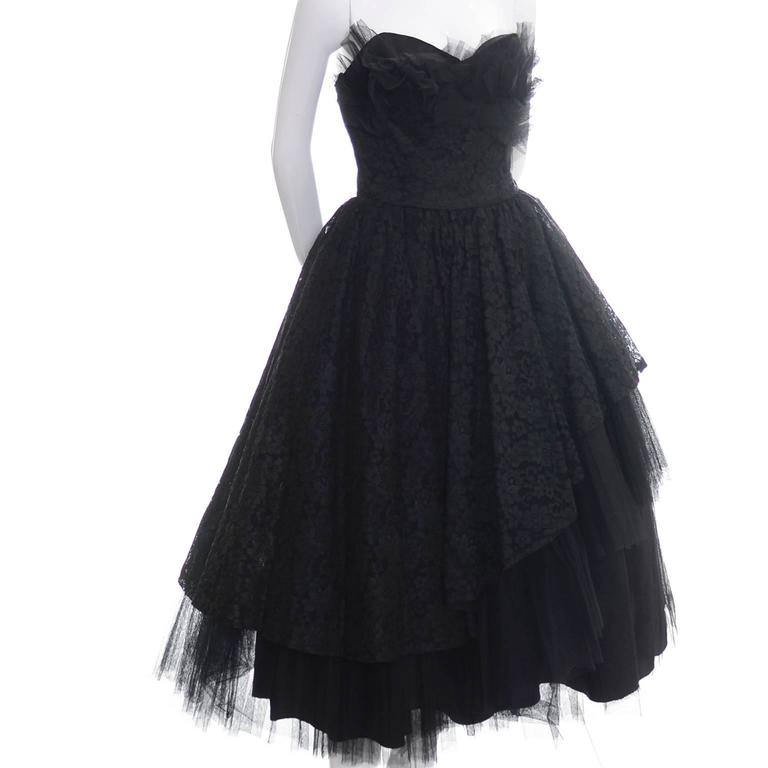 1950s Vintage Dress Emma Domb Black Lace Tulle Strapless Party Dress at