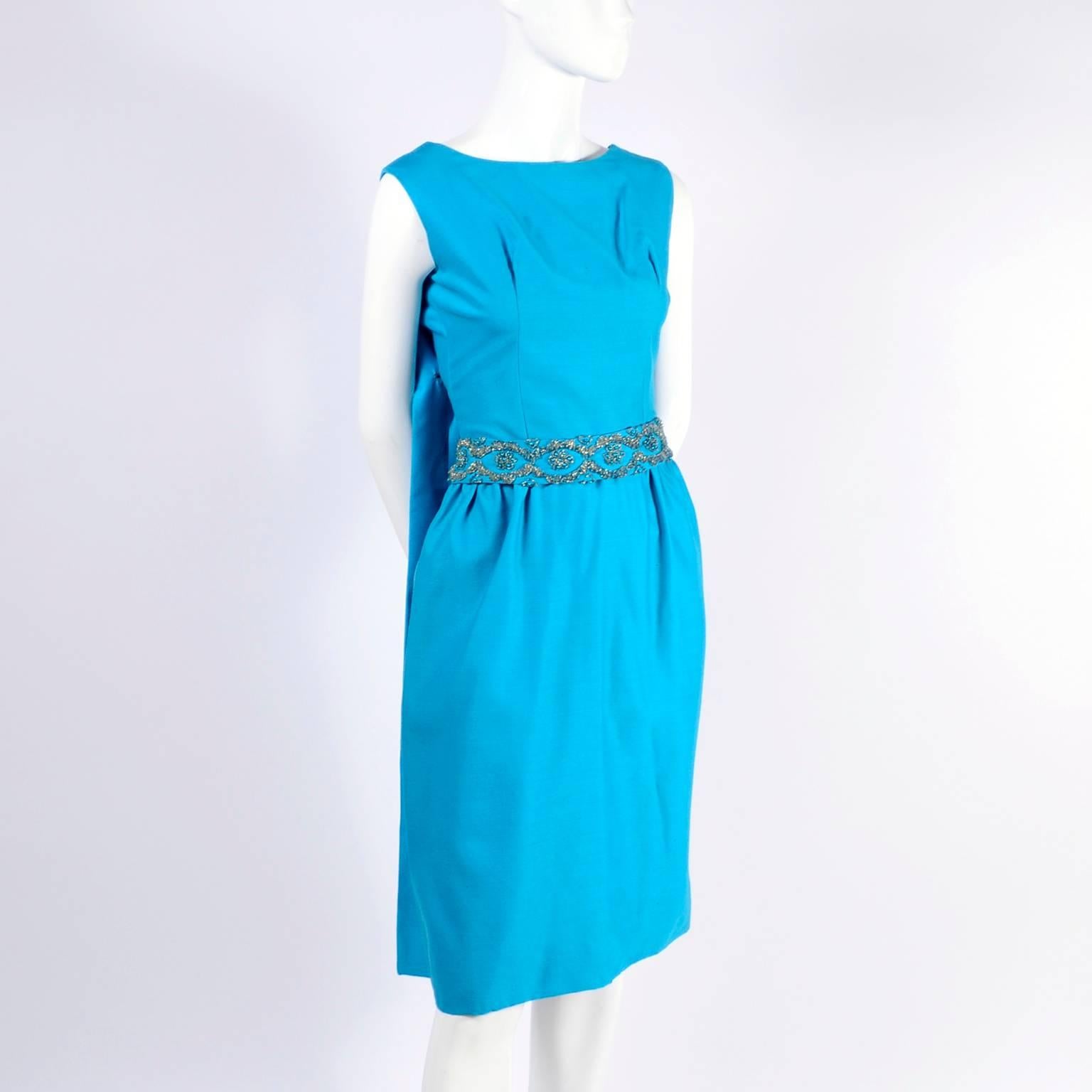Blue Silk Beaded Suzy Perette Vintage Cape Dress W/ Removable Back Panel  For Sale 3