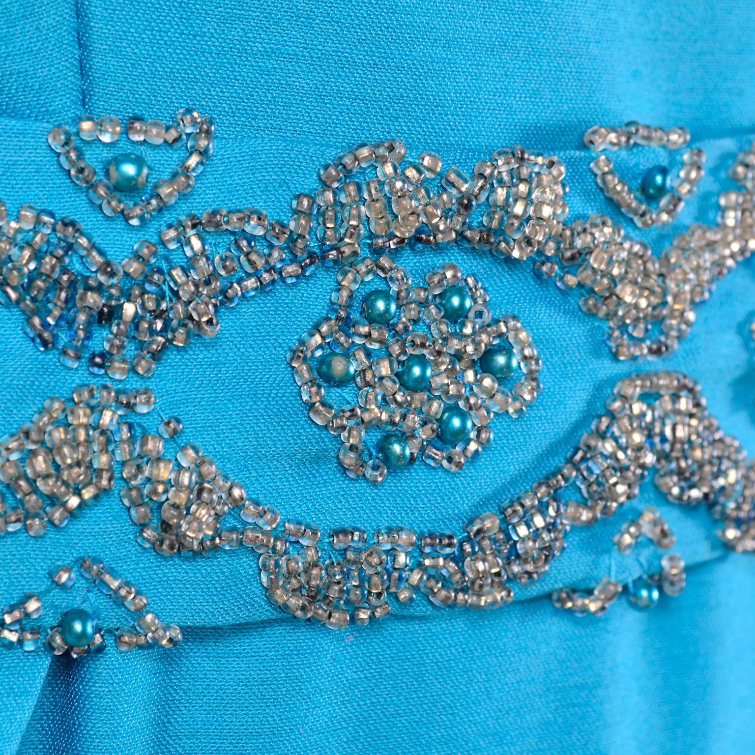 Blue Silk Beaded Suzy Perette Vintage Cape Dress W/ Removable Back Panel  In Excellent Condition For Sale In Portland, OR