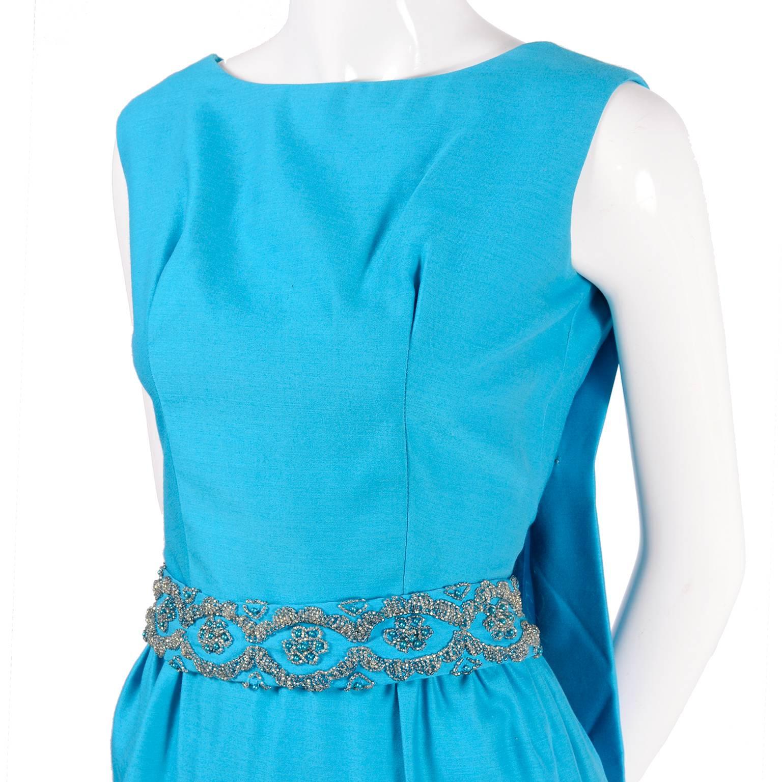 Women's Blue Silk Beaded Suzy Perette Vintage Cape Dress W/ Removable Back Panel  For Sale
