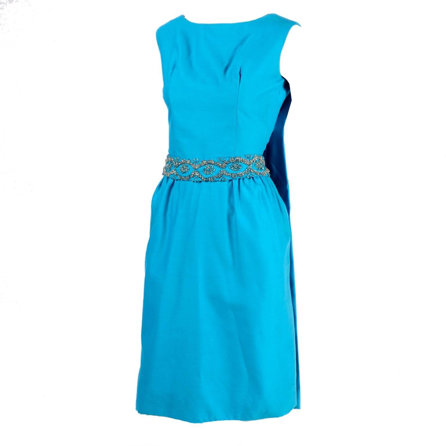 Blue Silk Beaded Suzy Perette Vintage Cape Dress W/ Removable Back Panel  For Sale