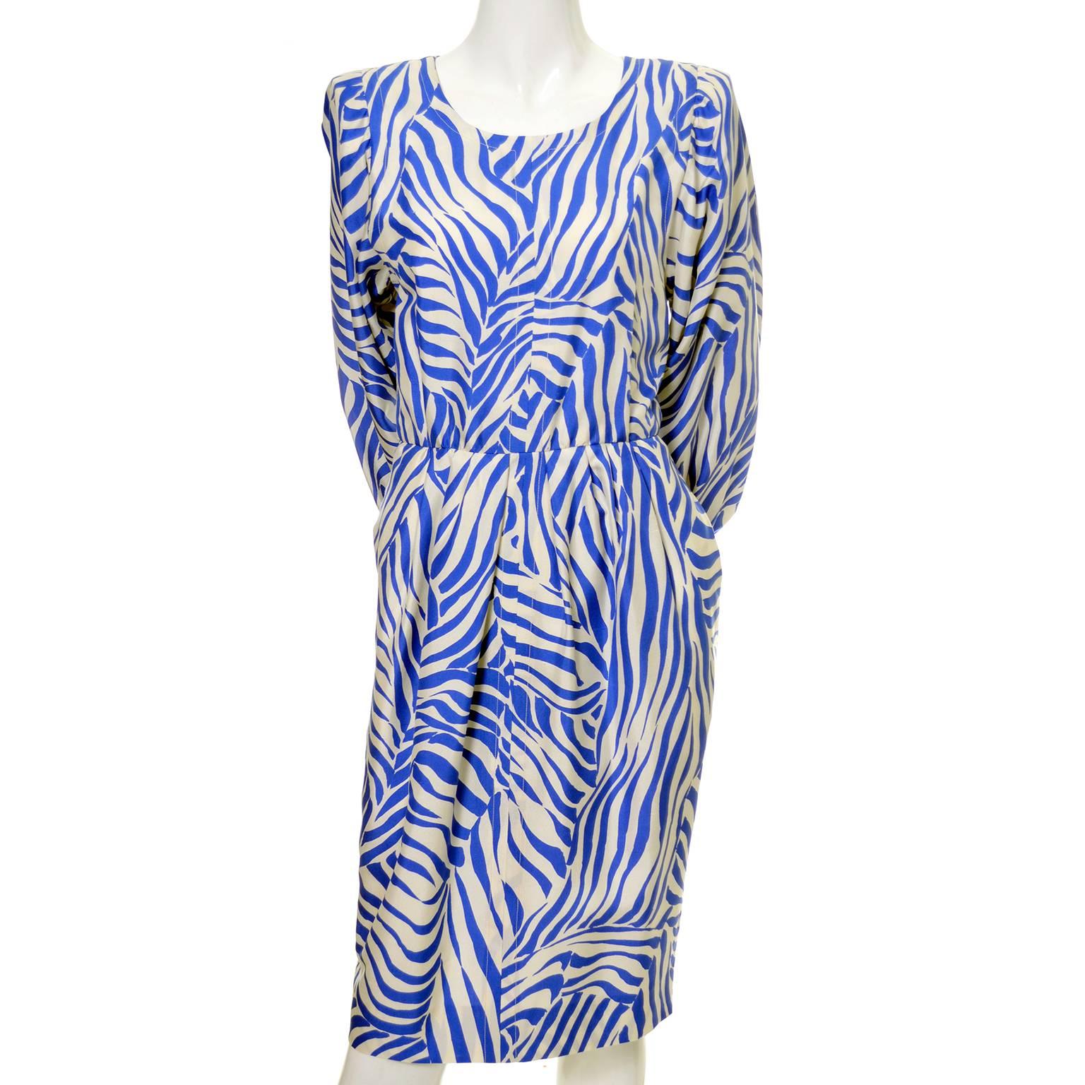 Women's 1980s YSL Vintage Dress Yves Saint Laurent Abstract Bold Zebra Print Blue Sz 36