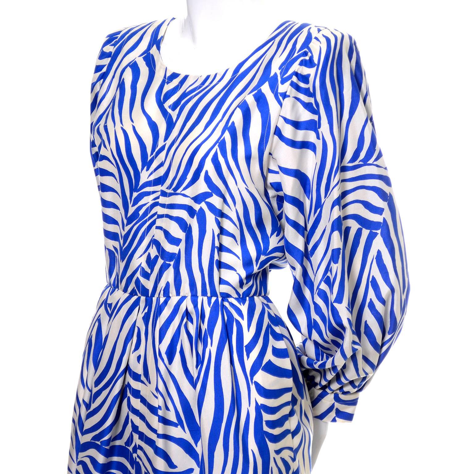 1980s YSL Vintage Dress Yves Saint Laurent Abstract Bold Zebra Print Blue Sz 36 1