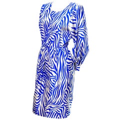 1980s YSL Vintage Dress Yves Saint Laurent Abstract Bold Zebra Print Blue Sz 36
