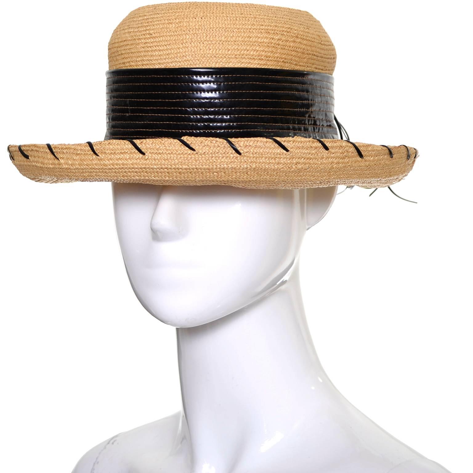 Beige Schiaparelli 1960s Vintage Hat Straw Black Vinyl Laces 