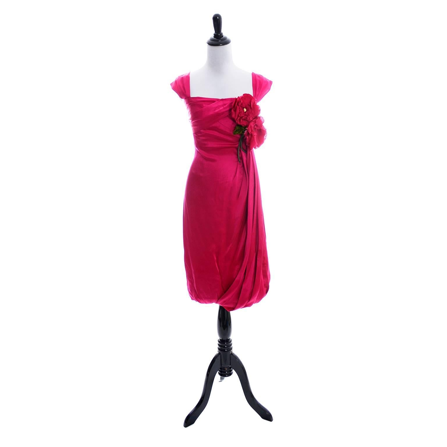 1960s Raspberry Red Silk Vintage Dress With Draping & Roses  In Excellent Condition In Portland, OR