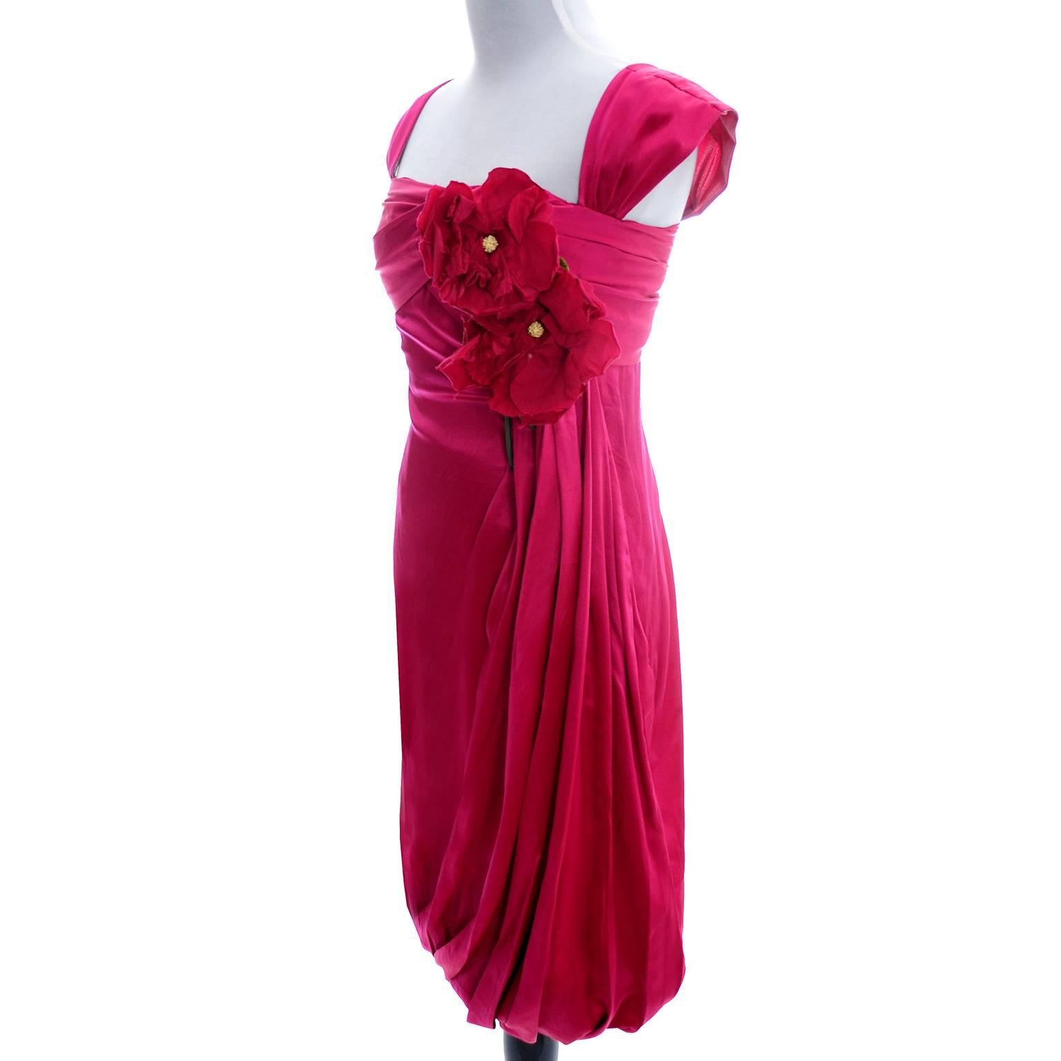 Women's 1960s Raspberry Red Silk Vintage Dress With Draping & Roses 