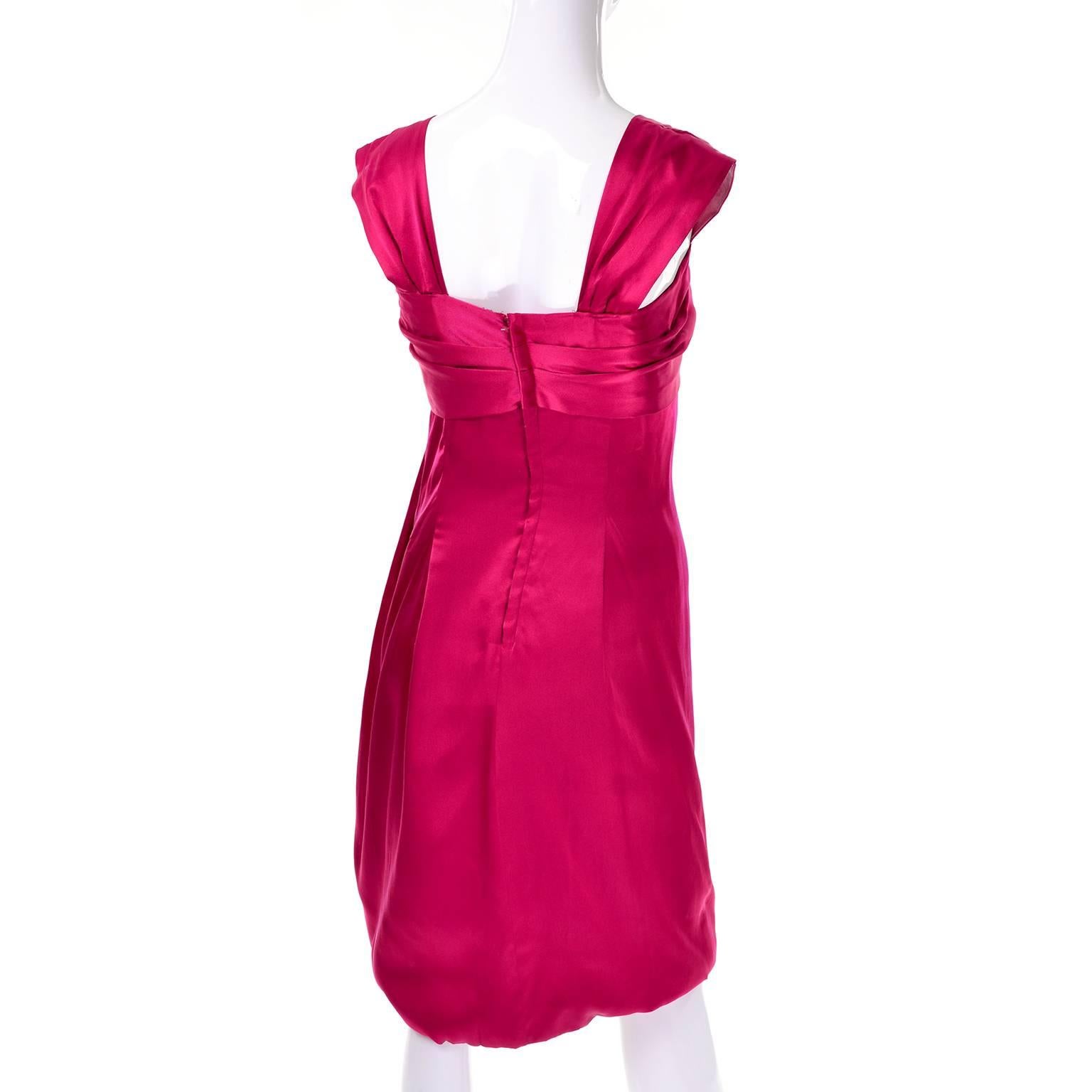 1960s Raspberry Red Silk Vintage Dress With Draping & Roses  1