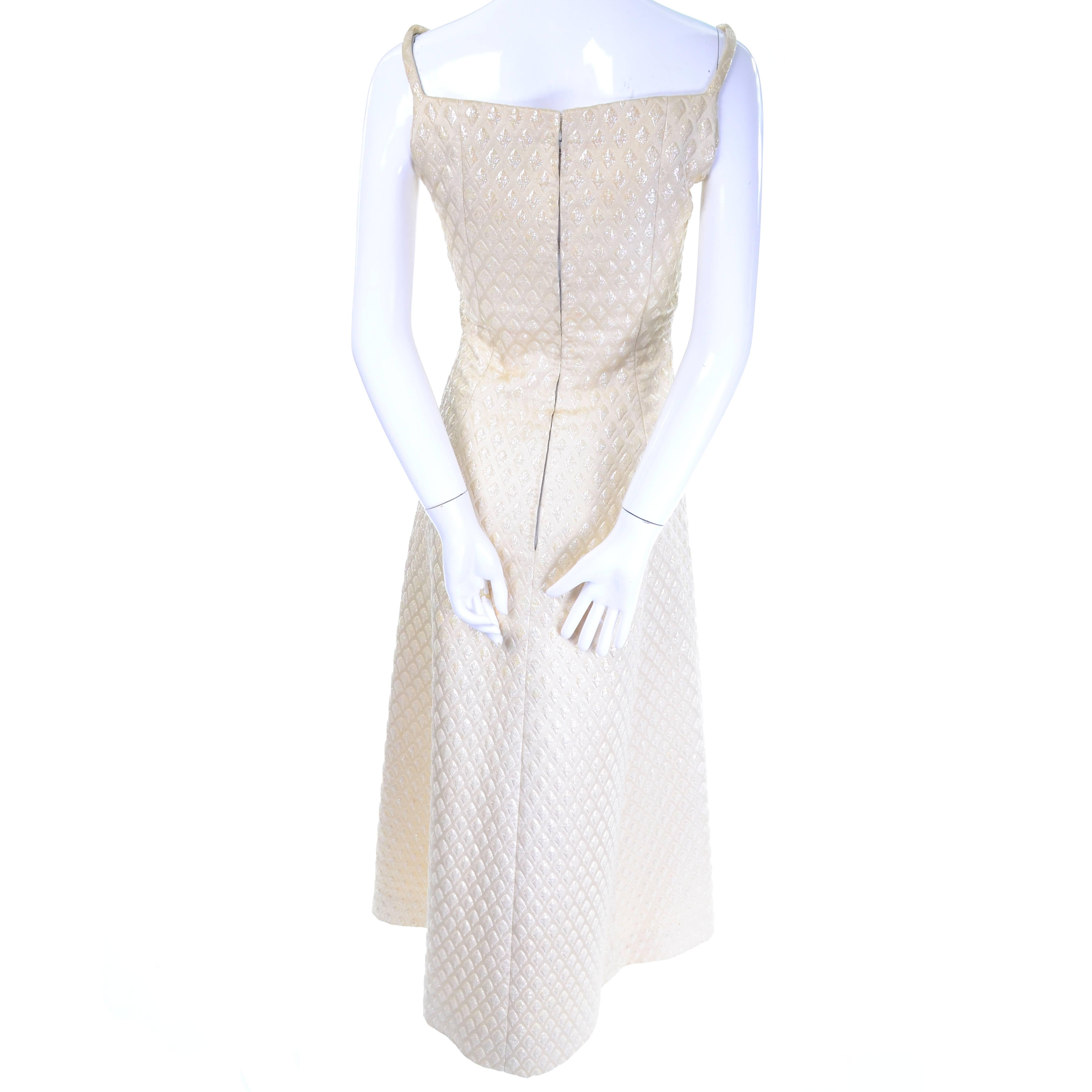 Beige 1960s Jacques Heim Vintage Dress Creamy Metallic Diamond Pattern Evening Gown