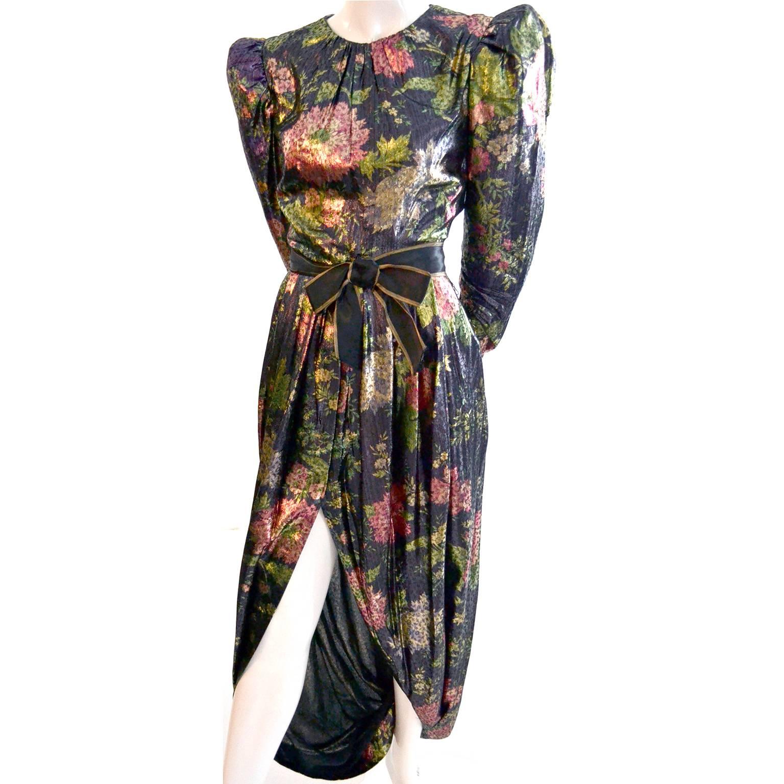 Arnold Scaasi Metallic Floral Vintage Dress Front Slit Evening Semi Bubble Hem In Excellent Condition In Portland, OR