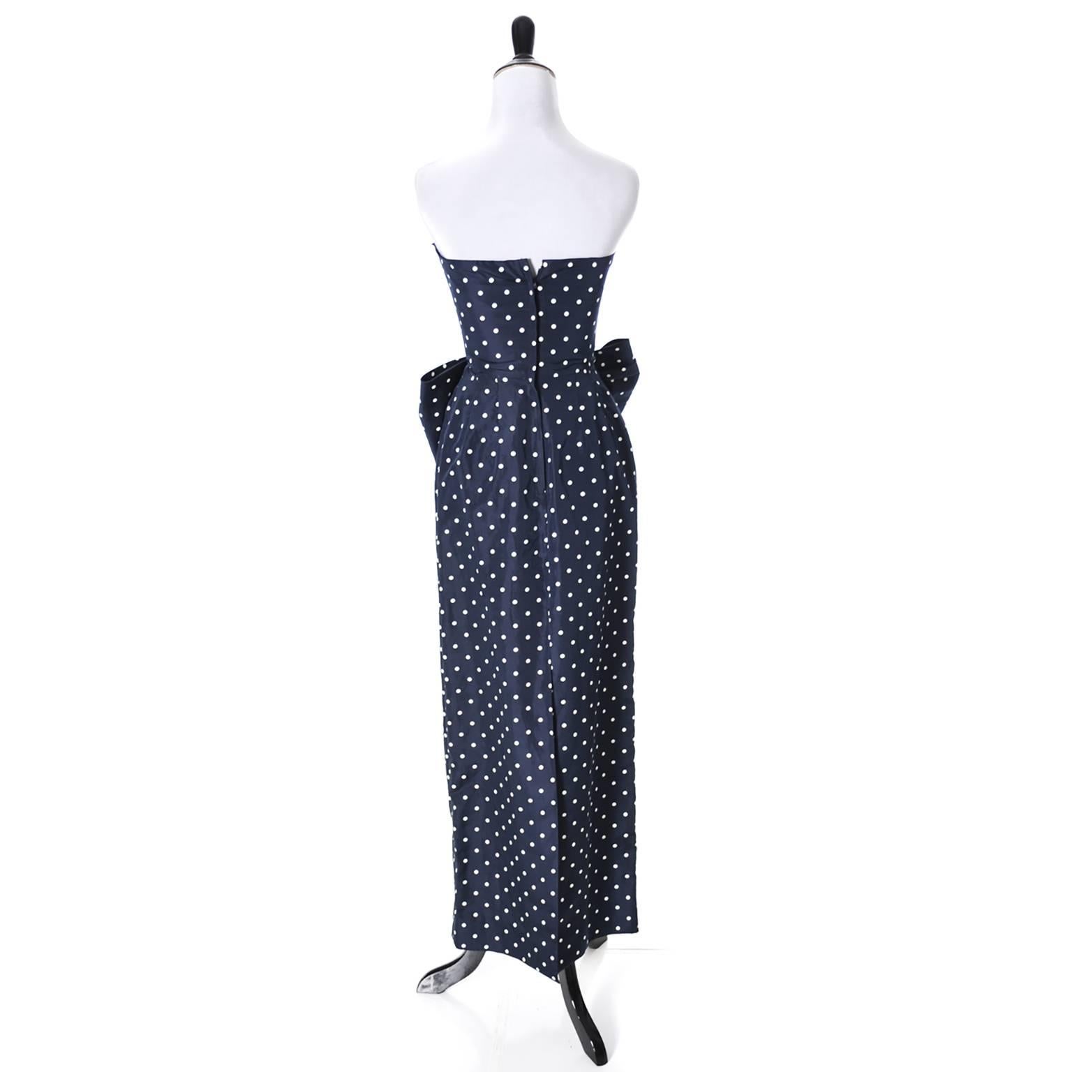 1980s Strapless Victor Costa Vintage Dress Navy White Polka Dots 2/4 In Excellent Condition In Portland, OR