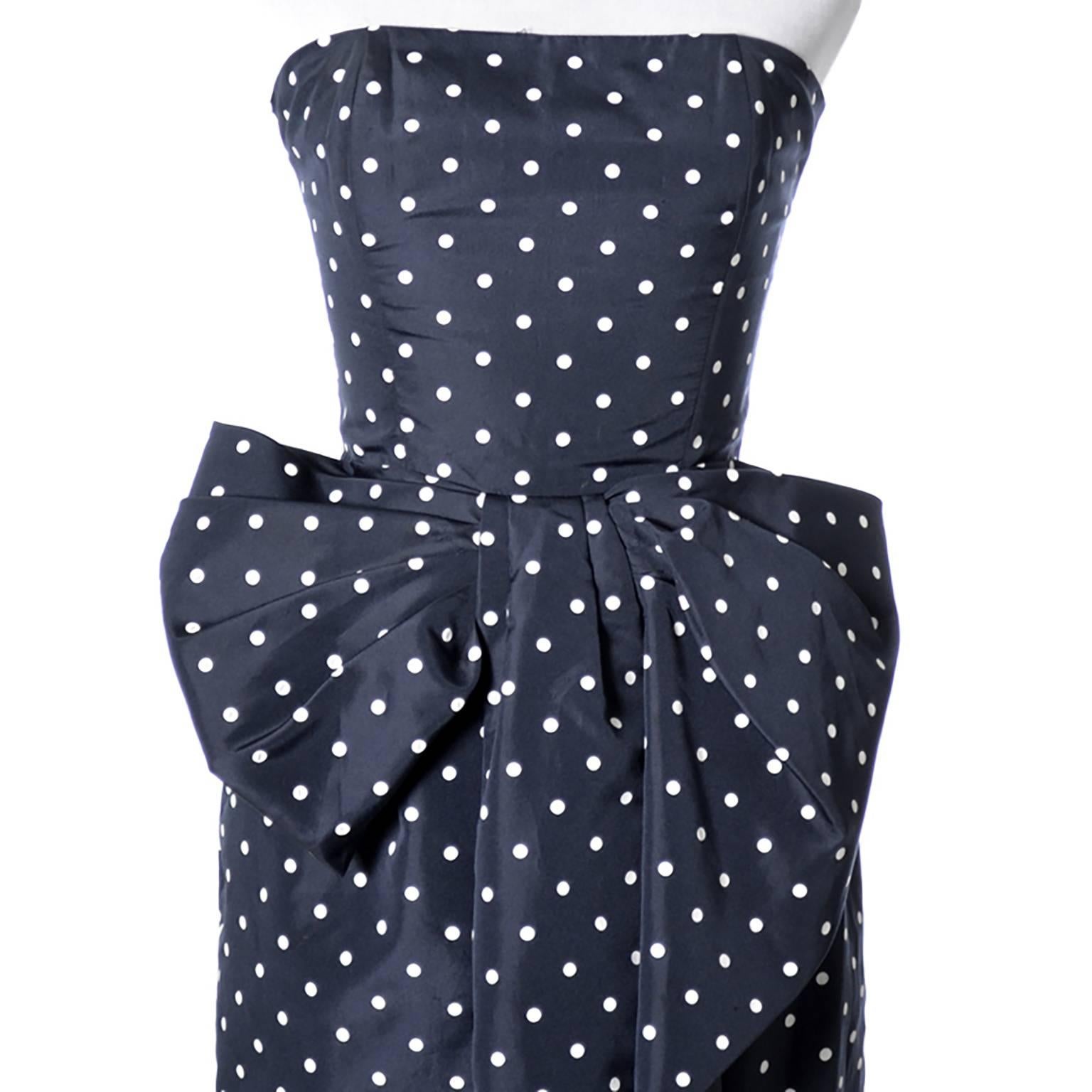 Black 1980s Strapless Victor Costa Vintage Dress Navy White Polka Dots 2/4